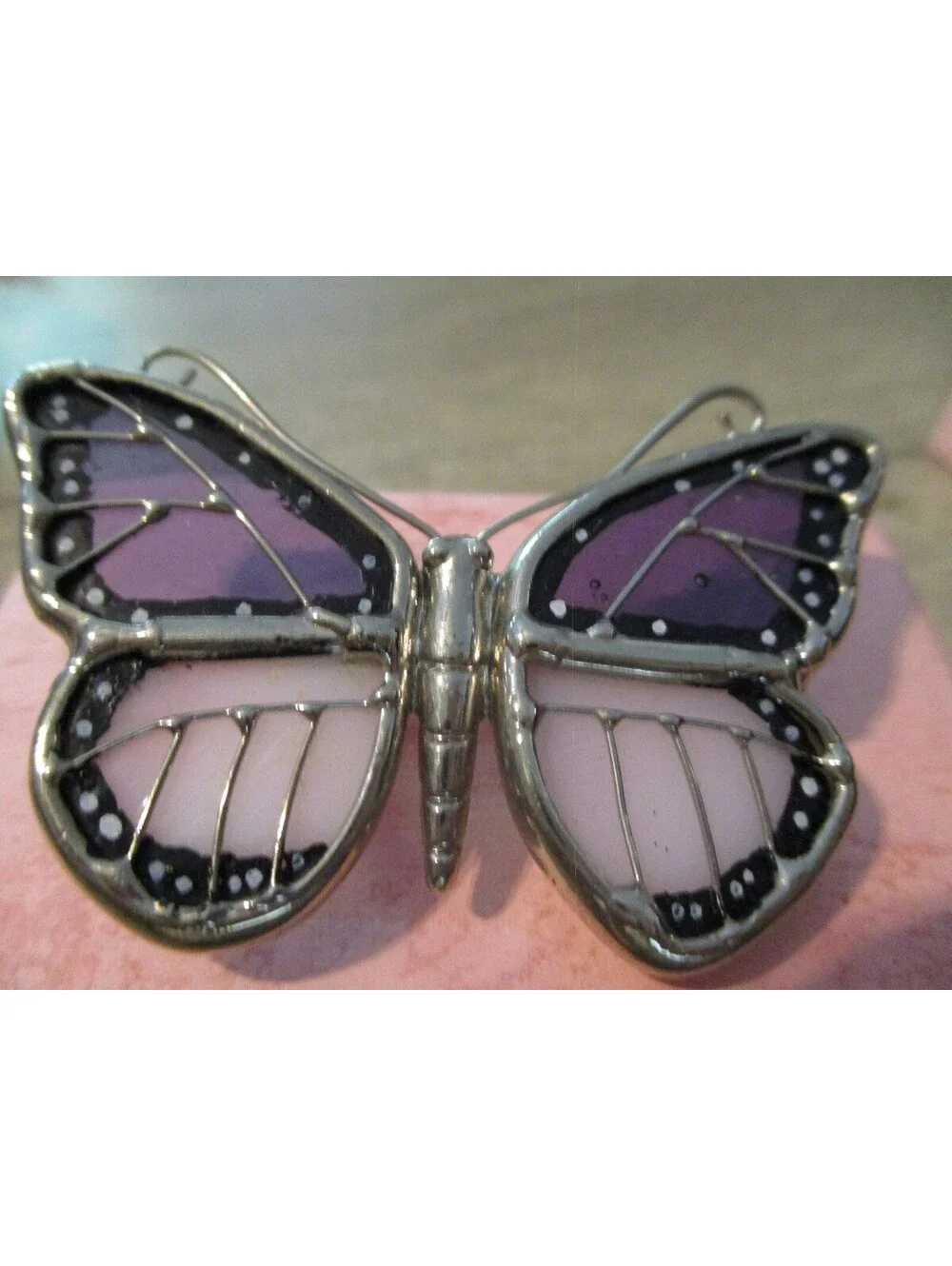 VTG 1980s Stained Glass Look Butterfly Brooch Pin Purple Pink Silver Tone Wing